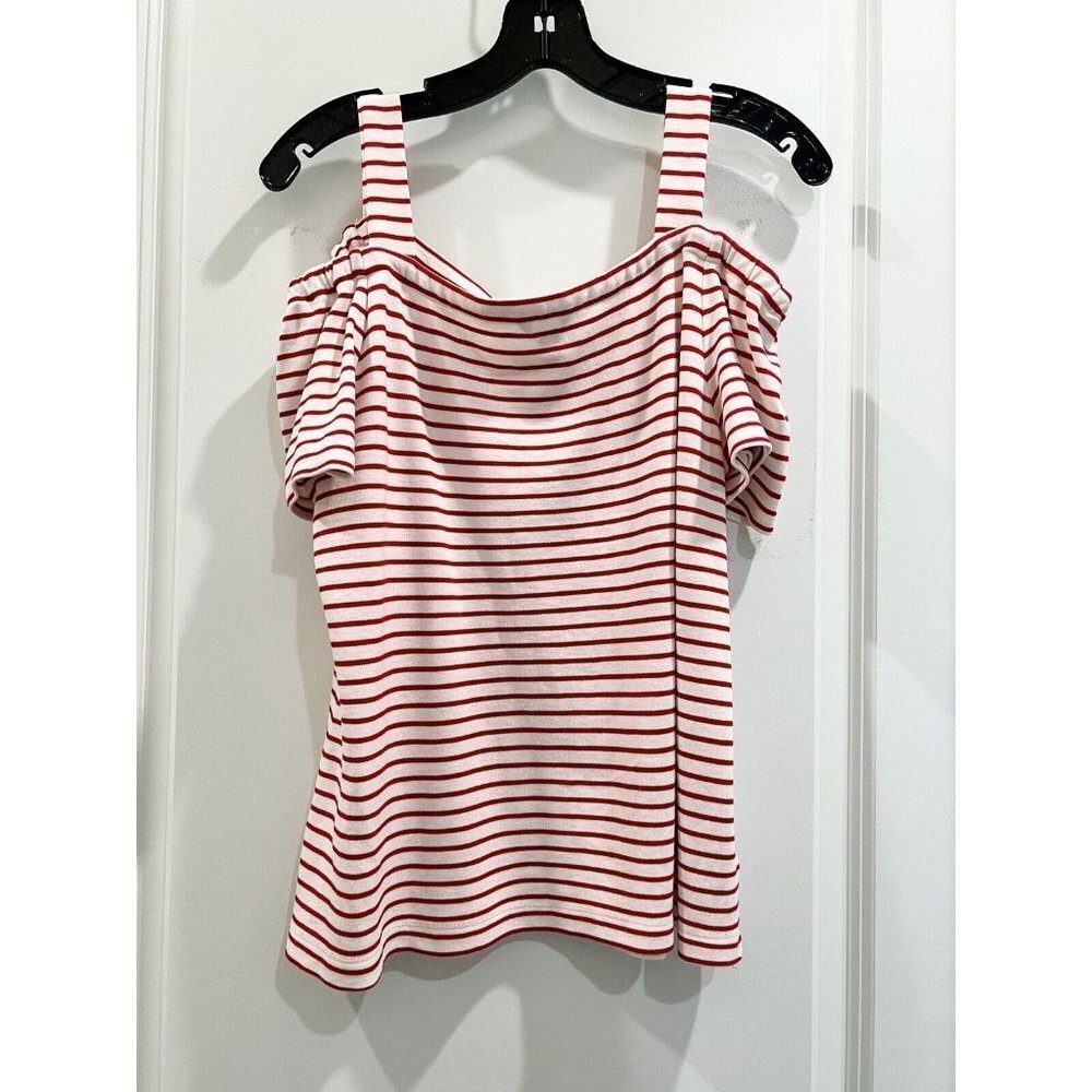 ANN Taylor Off shoulder W/shoulder strap Red White striped Jersey top Size Med